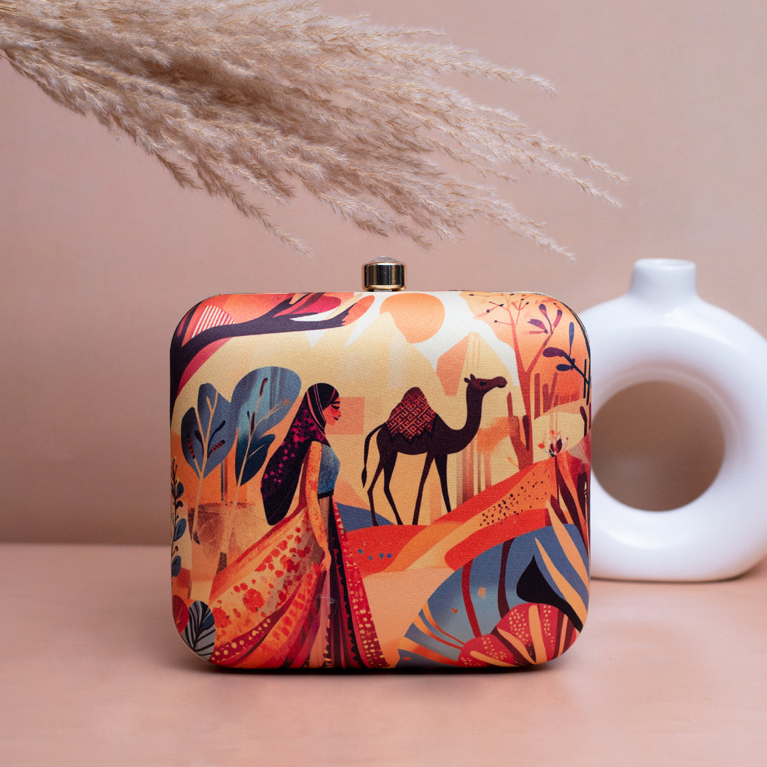 Artklim Beige Based Women with Camel Printed Clutch