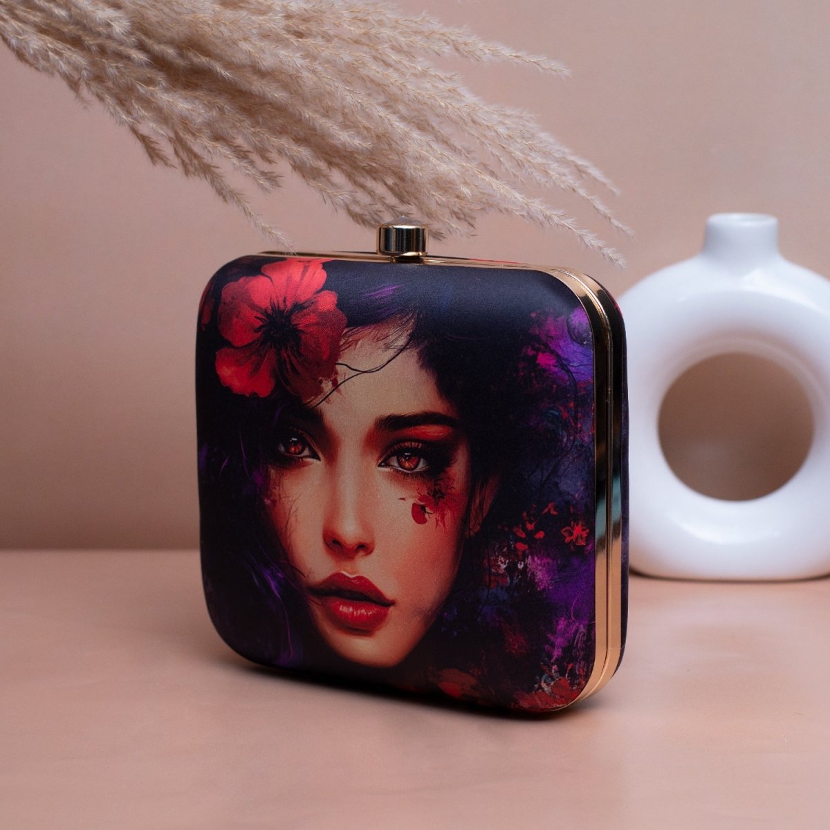 Artklim Black Based Portrait Printed Clutch