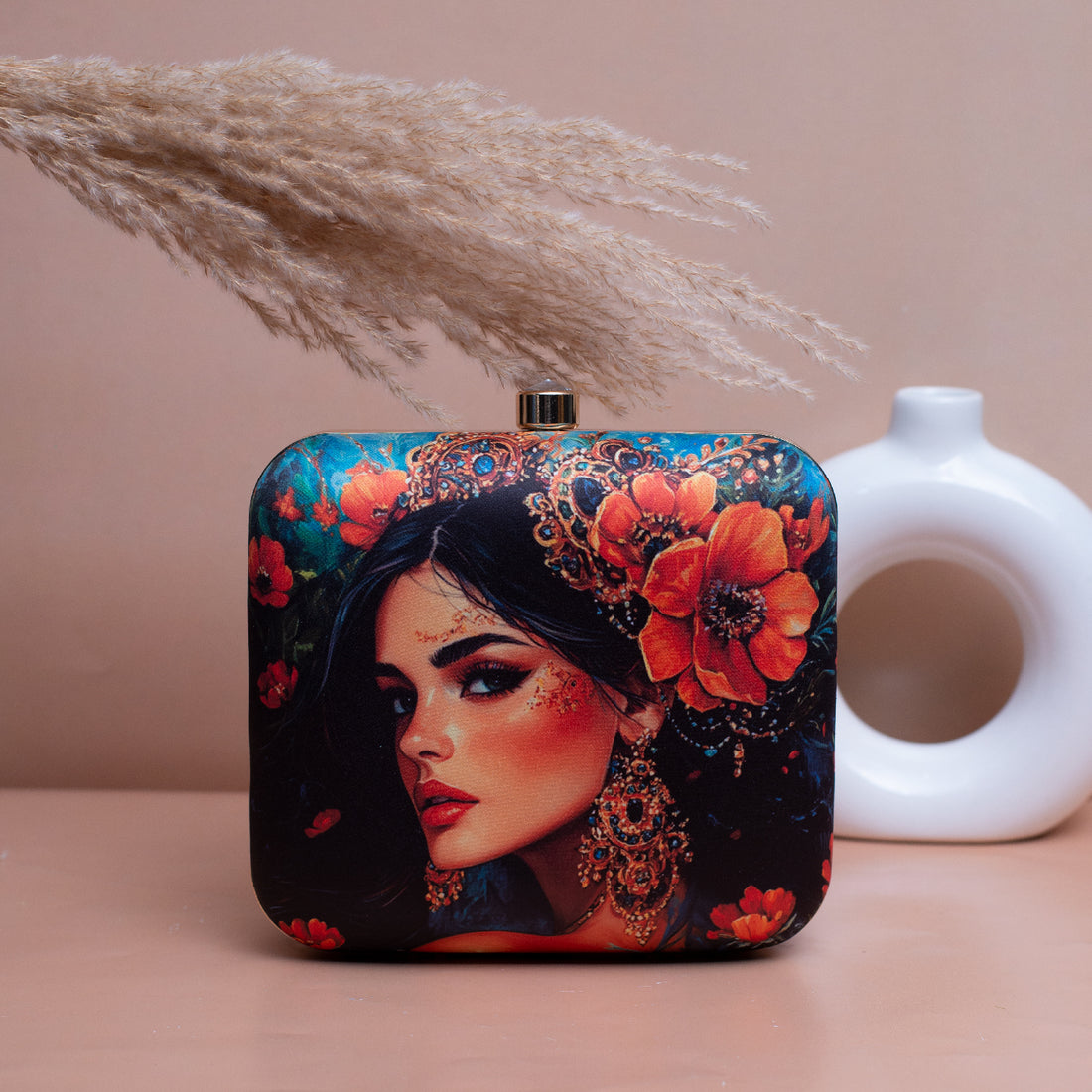 Artklim Blue Based Floral Women Portrait Printed Clutch