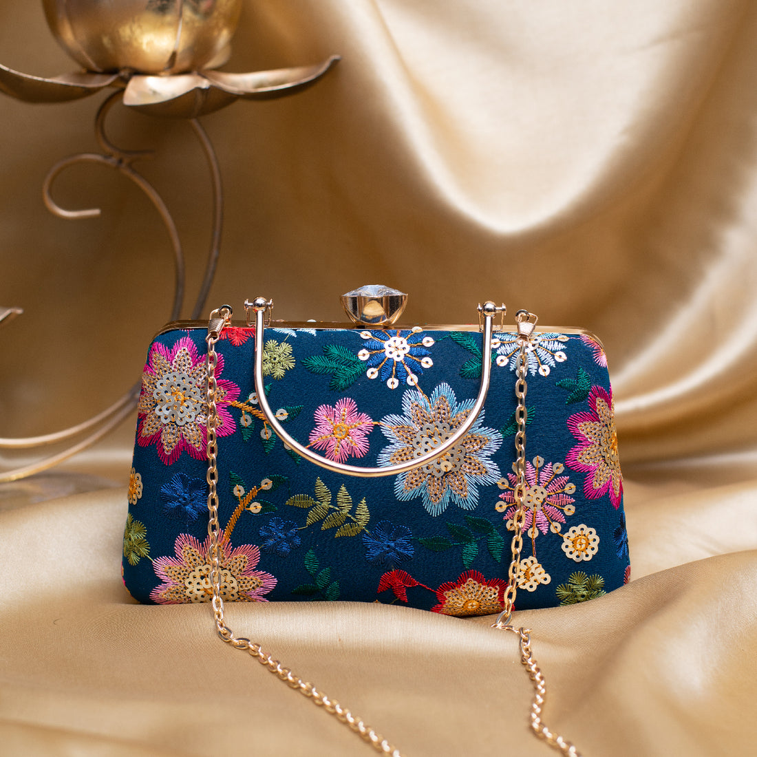 Artklim Blue Based Multicoloured Floral Embroidery Clutch