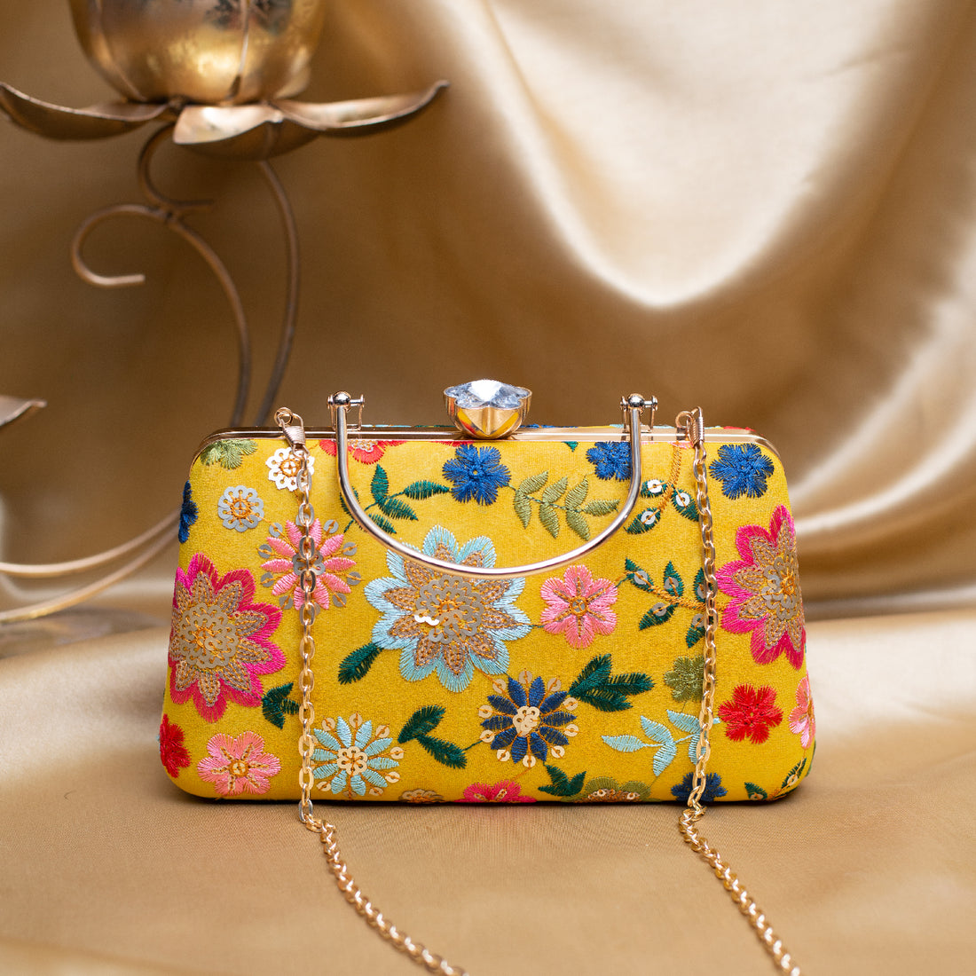 Artklim Yellow Based Multicoloured Floral Embroidery Clutch