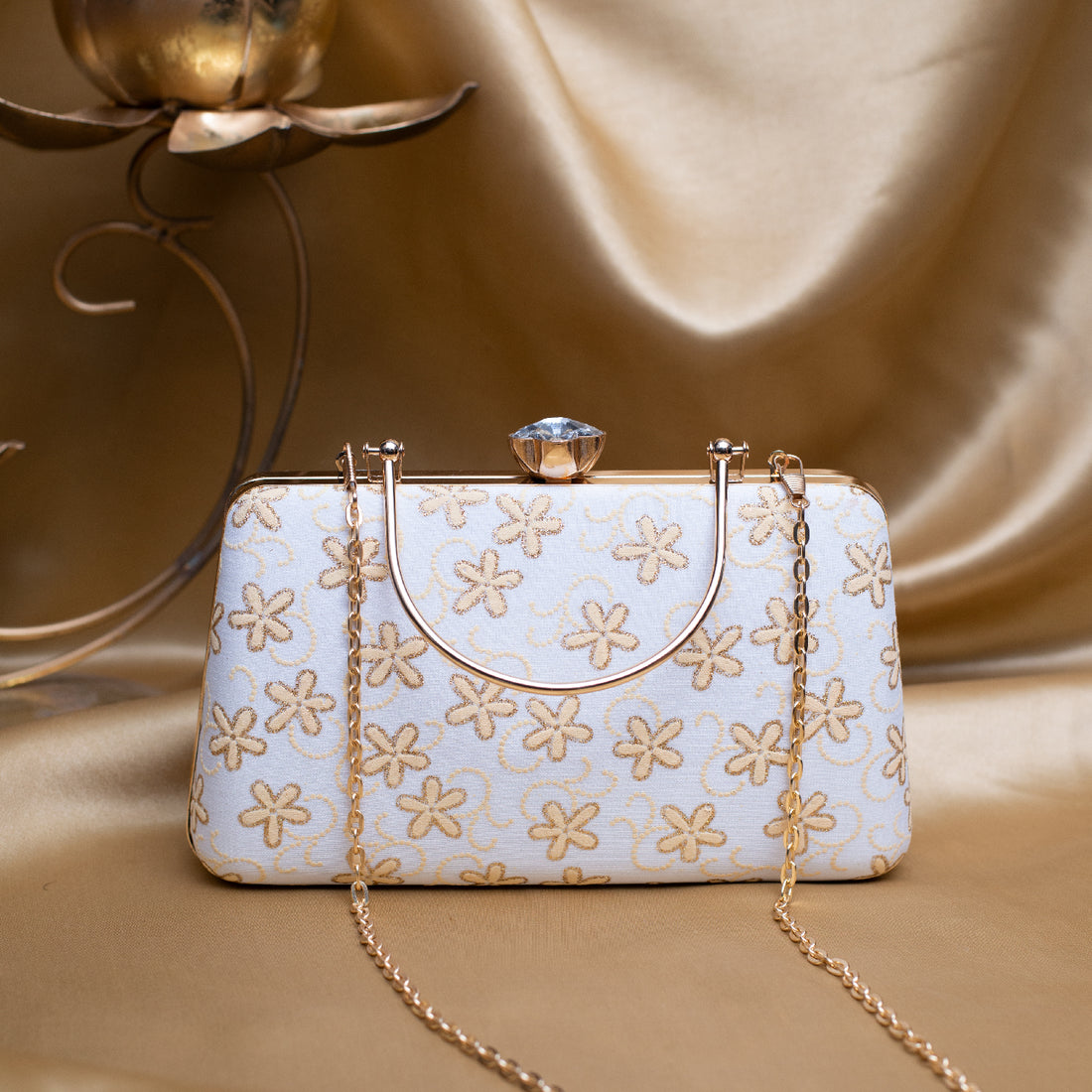 Artklim White Based Golden Floral Embroidery Clutch