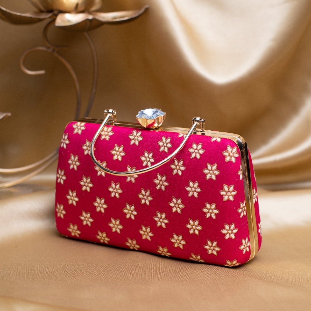Artklim Pink Based Golden Floral Embroidery Clutch