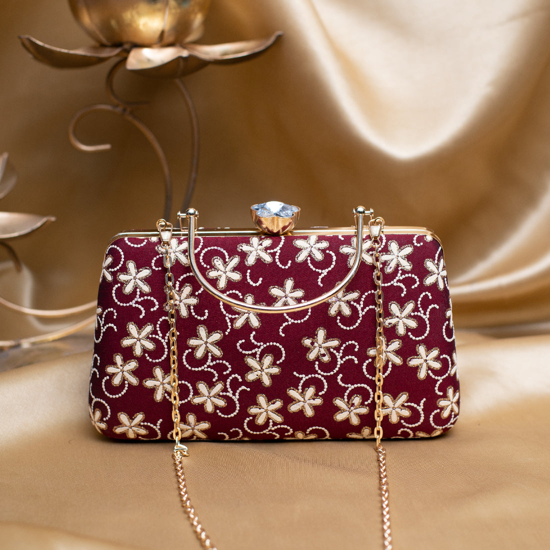 Artklim Maroon Based White Floral Embroidery Clutch