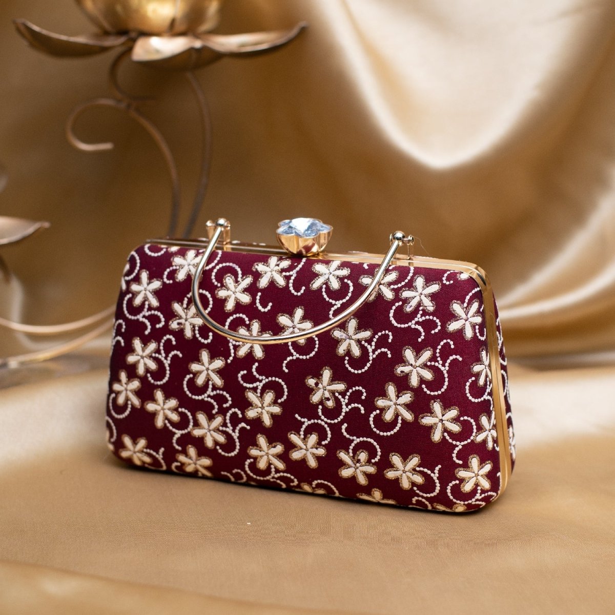 Artklim Maroon Based White Floral Embroidery Clutch