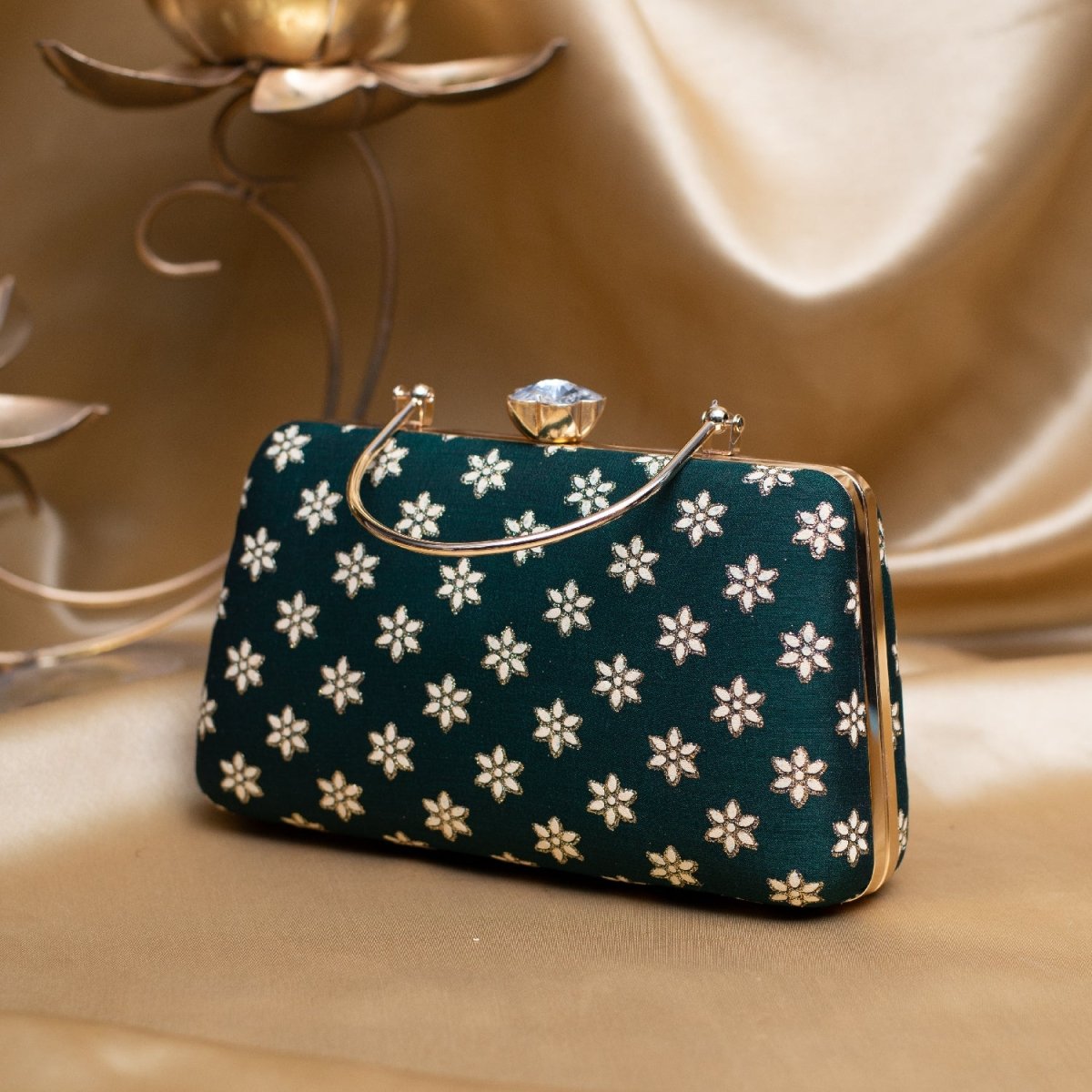 Artklim Dark Green Based Golden Floral Embroidery Clutch
