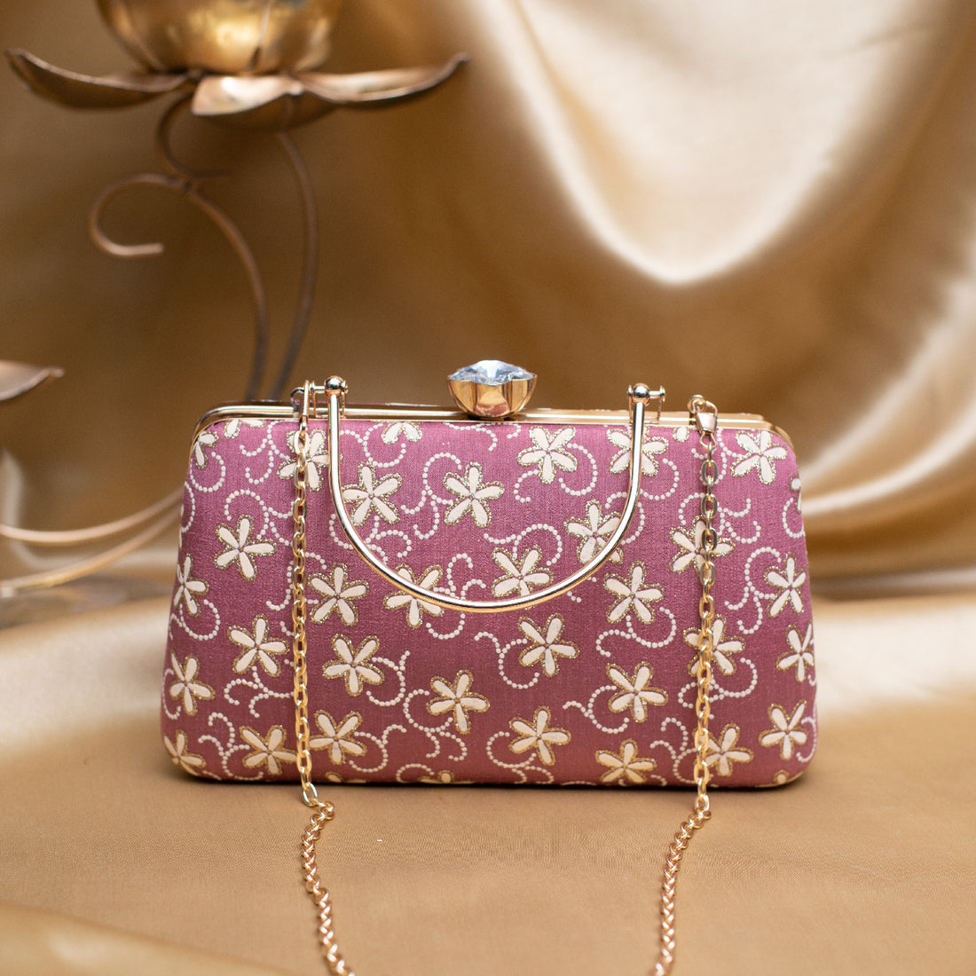 Artklim Lavender Based White Floral Embroidery Clutch