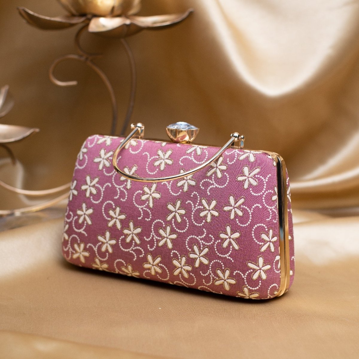 Artklim Lavender Based White Floral Embroidery Clutch