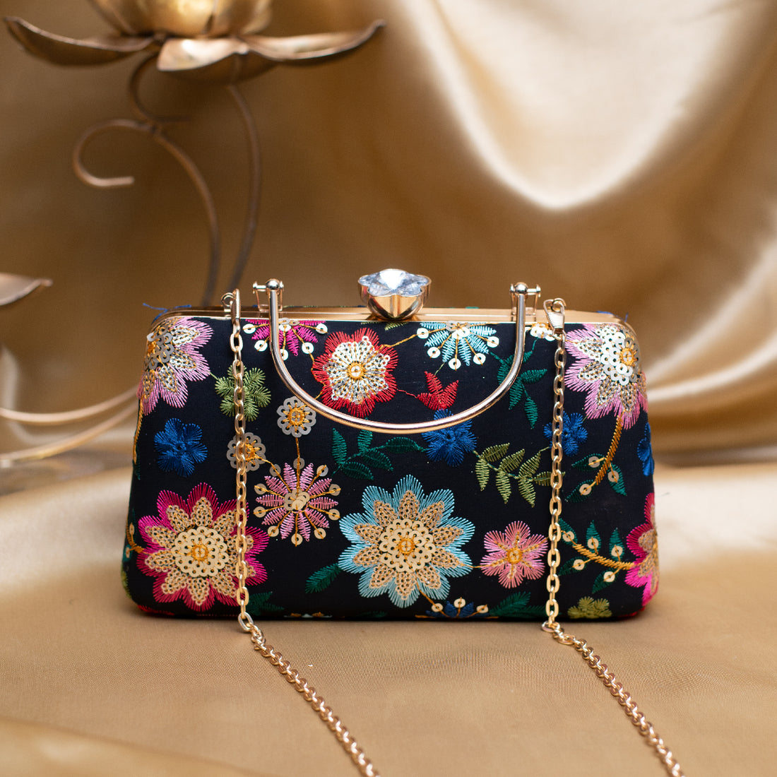 Artklim Black Based Multicoloured Floral Embroidery Clutch