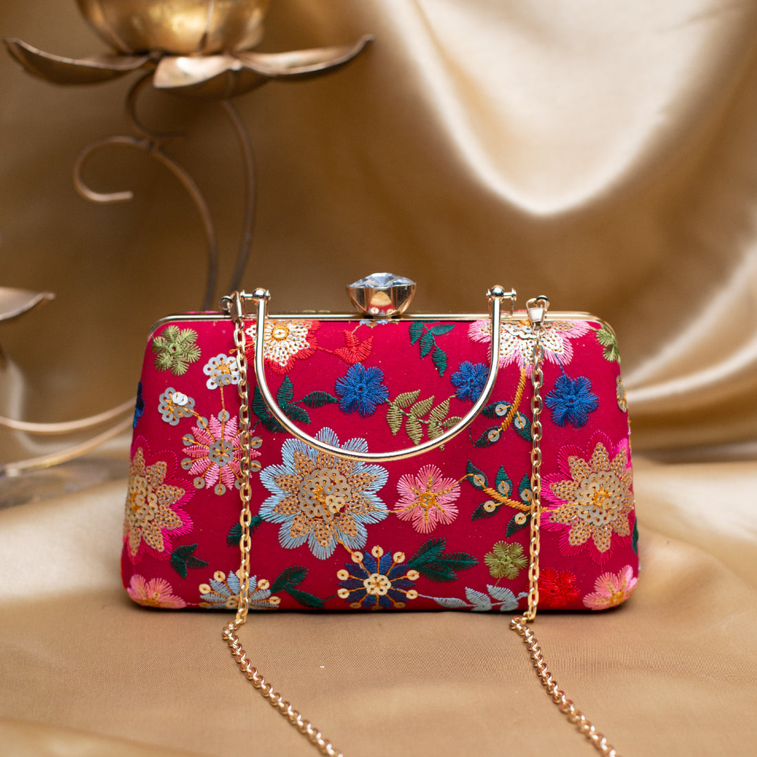 Artklim Red Based Multicoloured Floral Embroidery Clutch