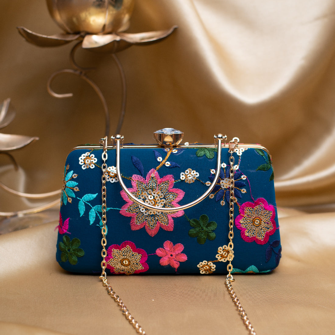 Artklim Blue Based Multicoloured Floral Embroidery Clutch