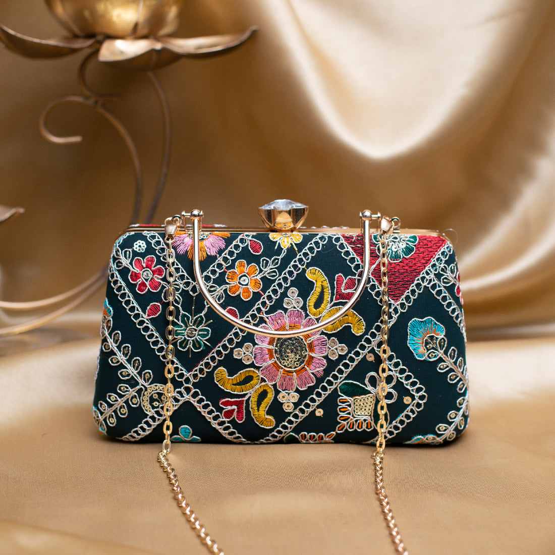 Artklim Black Based Multicoloured Embroidery Clutch