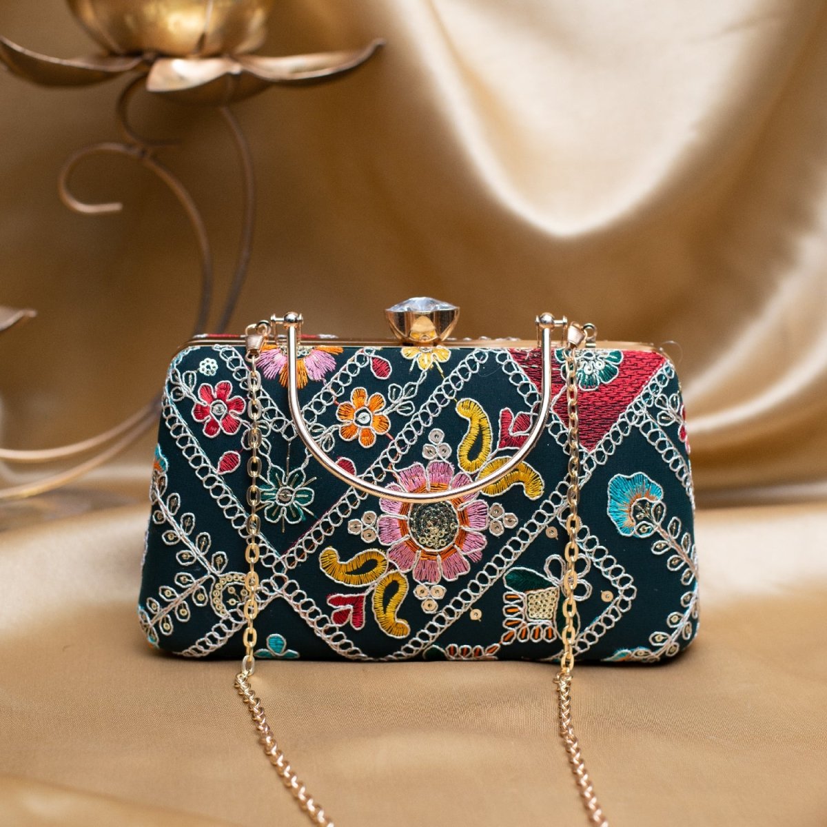 Artklim Black Based Multicoloured Embroidery Clutch