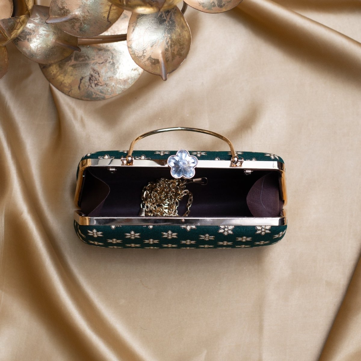 Artklim Dark Green Based Golden Floral Embroidery Clutch