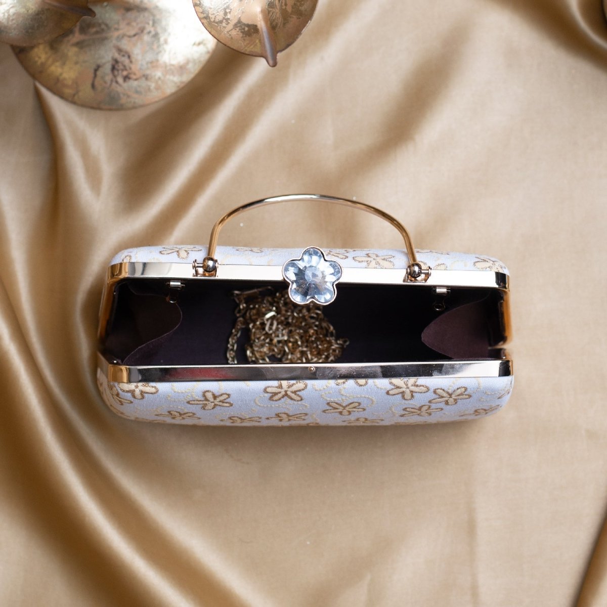 Artklim White Based Golden Floral Embroidery Clutch