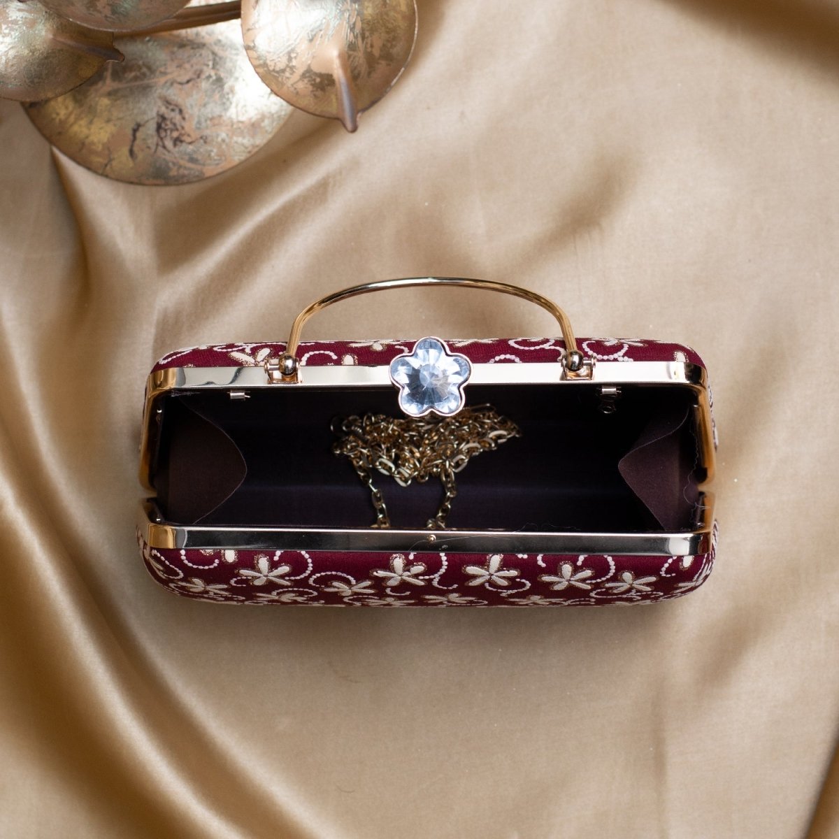 Artklim Maroon Based White Floral Embroidery Clutch