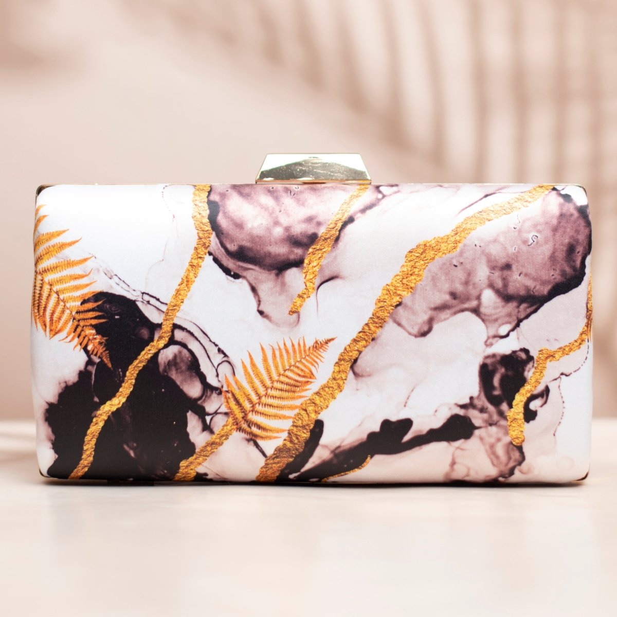 White And Golden Leaf Printed Clutch