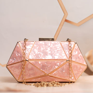 Peach Acrylic MOP Cutout Hexagon Metal Clutch