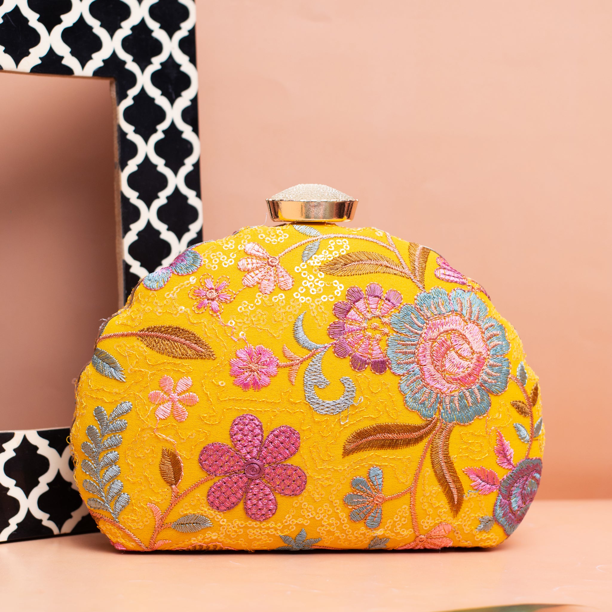 Yellow Floral Threadwork Party Clutch