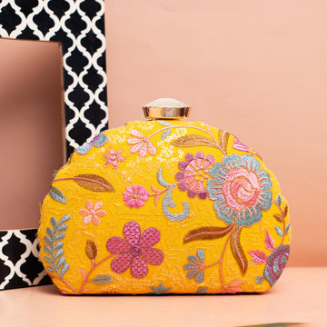 Yellow Floral Threadwork Party Clutch