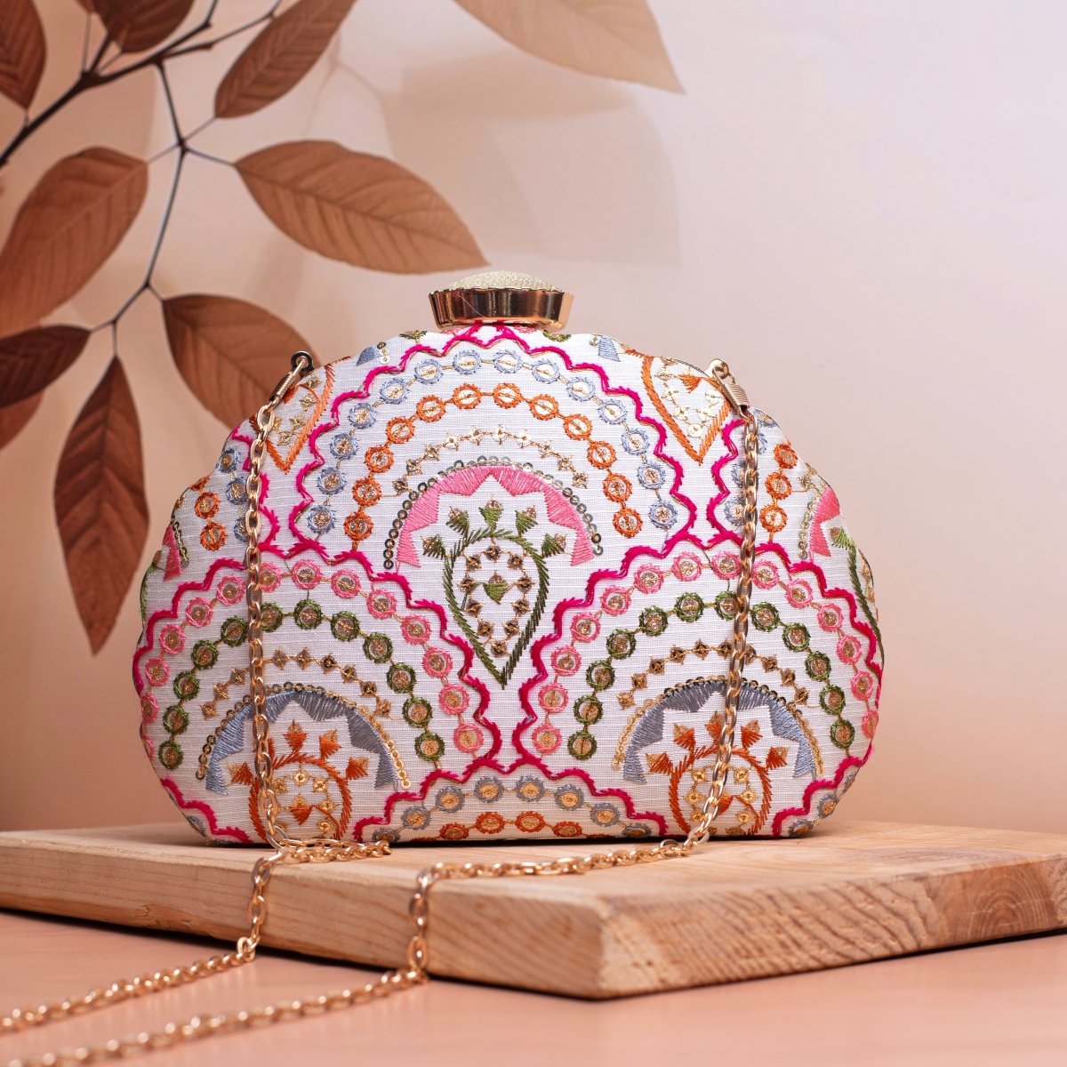 White Sequins Embroidered Fabric Clutch