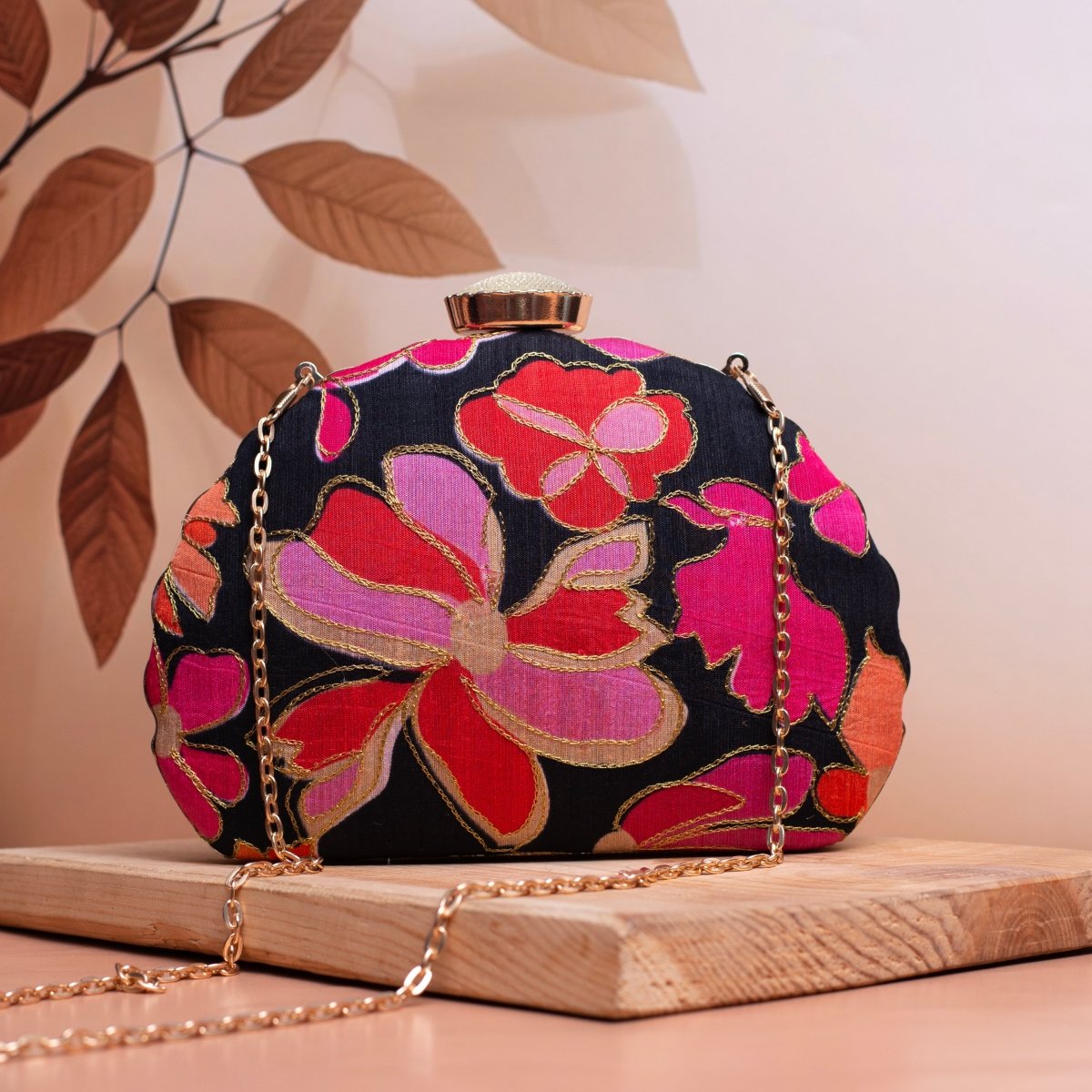 Black And Pink Floral Printed Fabric Clutch
