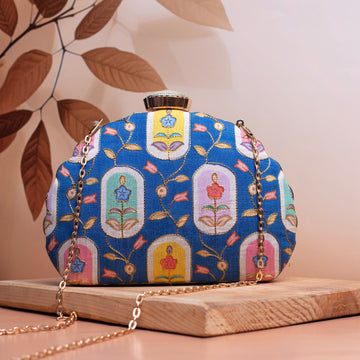 Blue Motif Printed Golden Zari Fabric Clutch