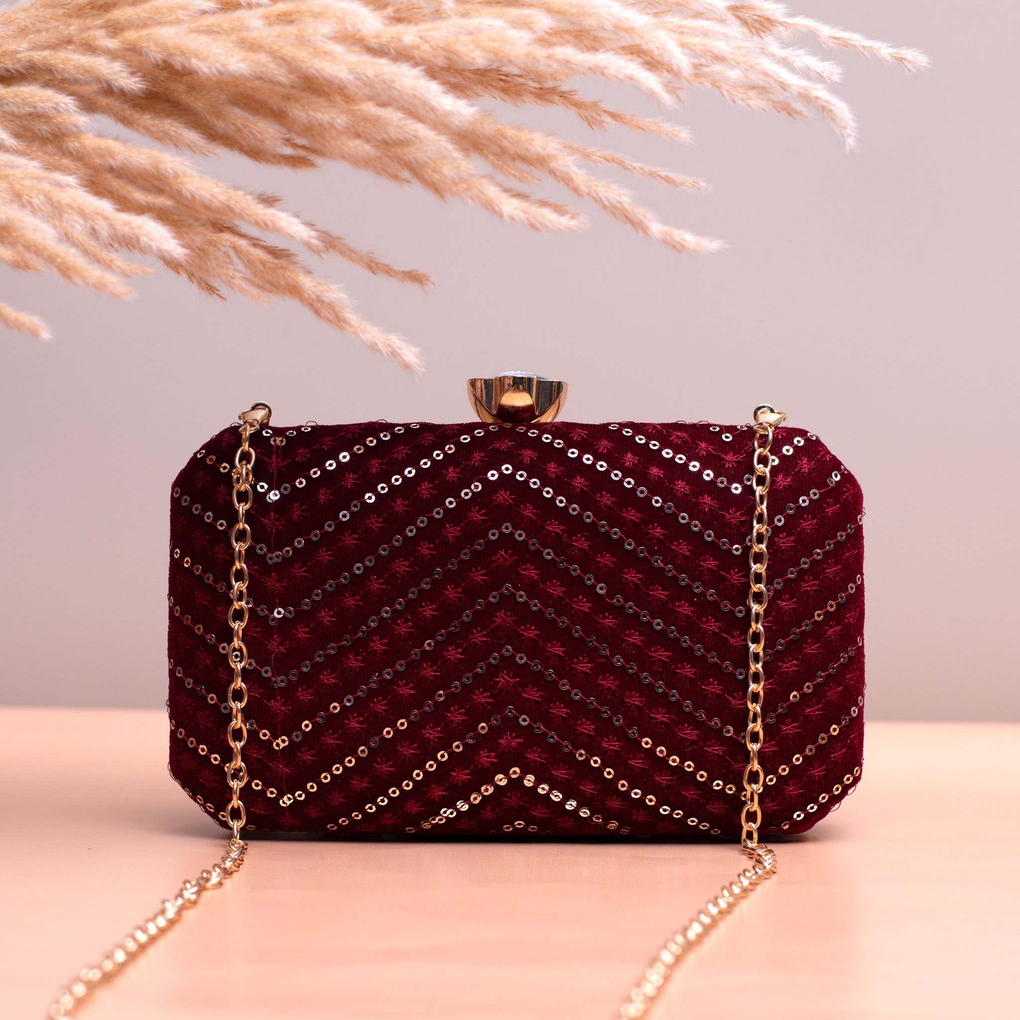 Maroon Sequins Embroidery Fabric Clutch