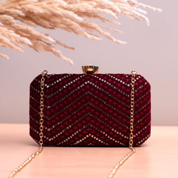 Maroon Sequins Embroidery Fabric Clutch