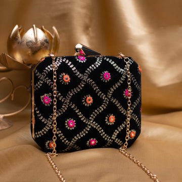 Black Sequins Embroidery Fabric Clutch