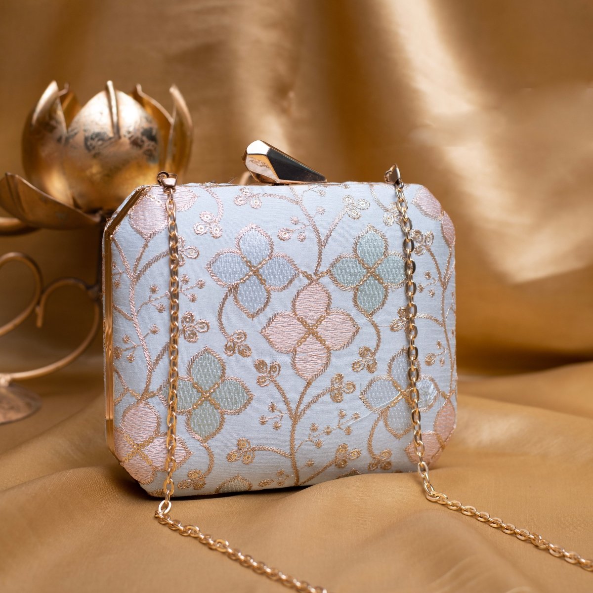 White Floral Sequins Embroidery Fabric Clutch