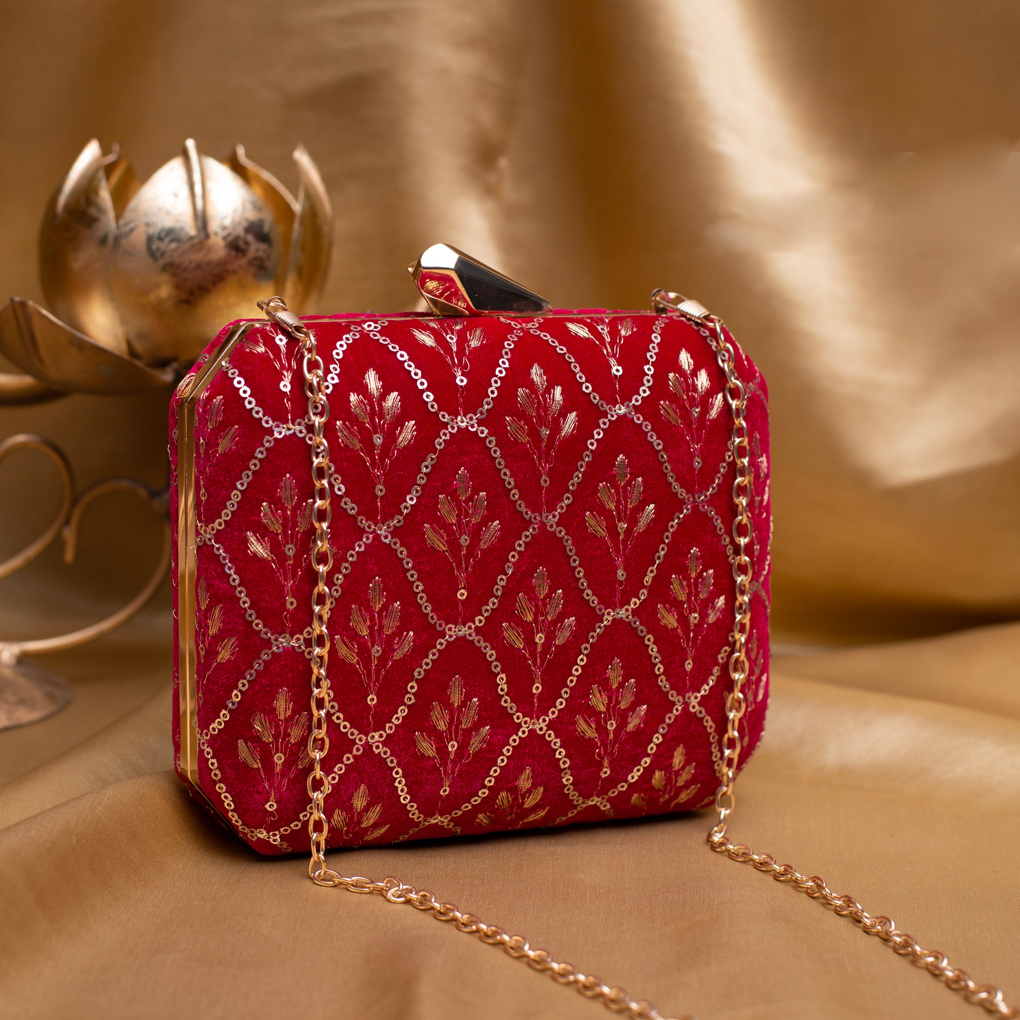 Red Sequins Embroidery Fabric Clutch