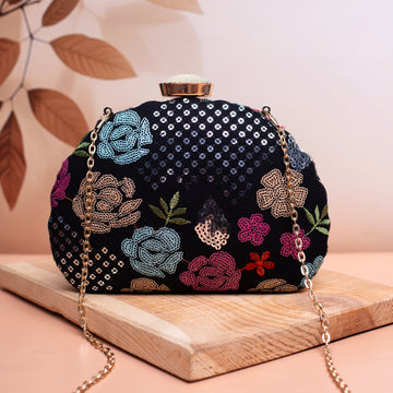 Black Floral Sequins Fabric Clutch