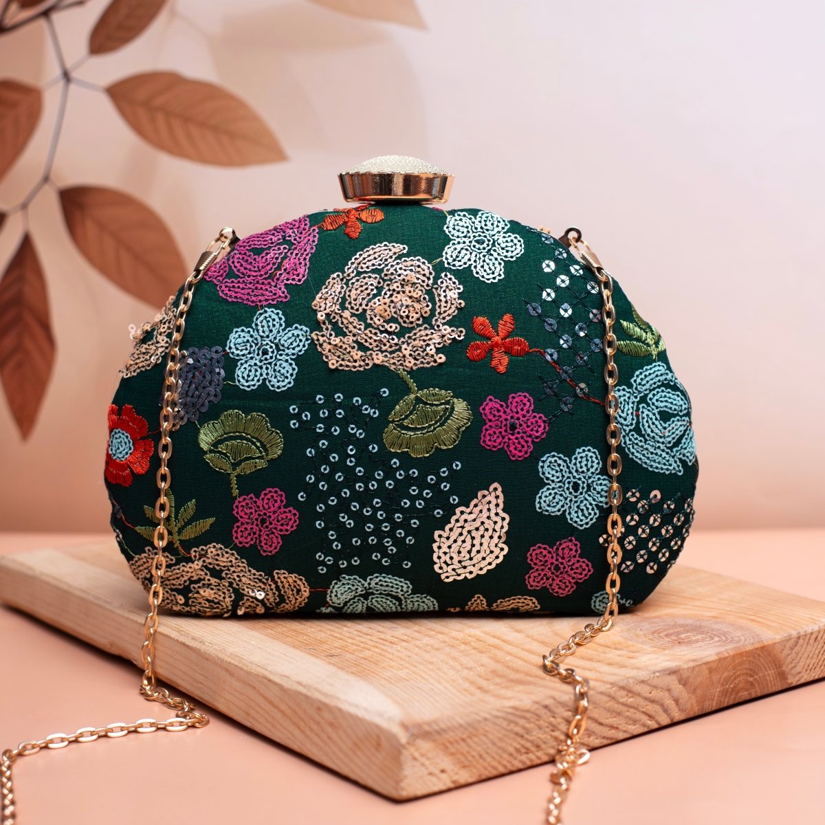 Green Floral Sequins Fabric Clutch