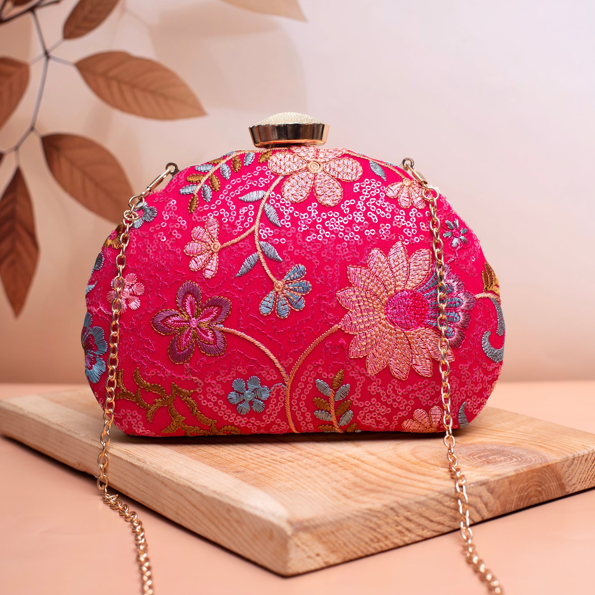 Pink Floral Embroidered Party Clutch