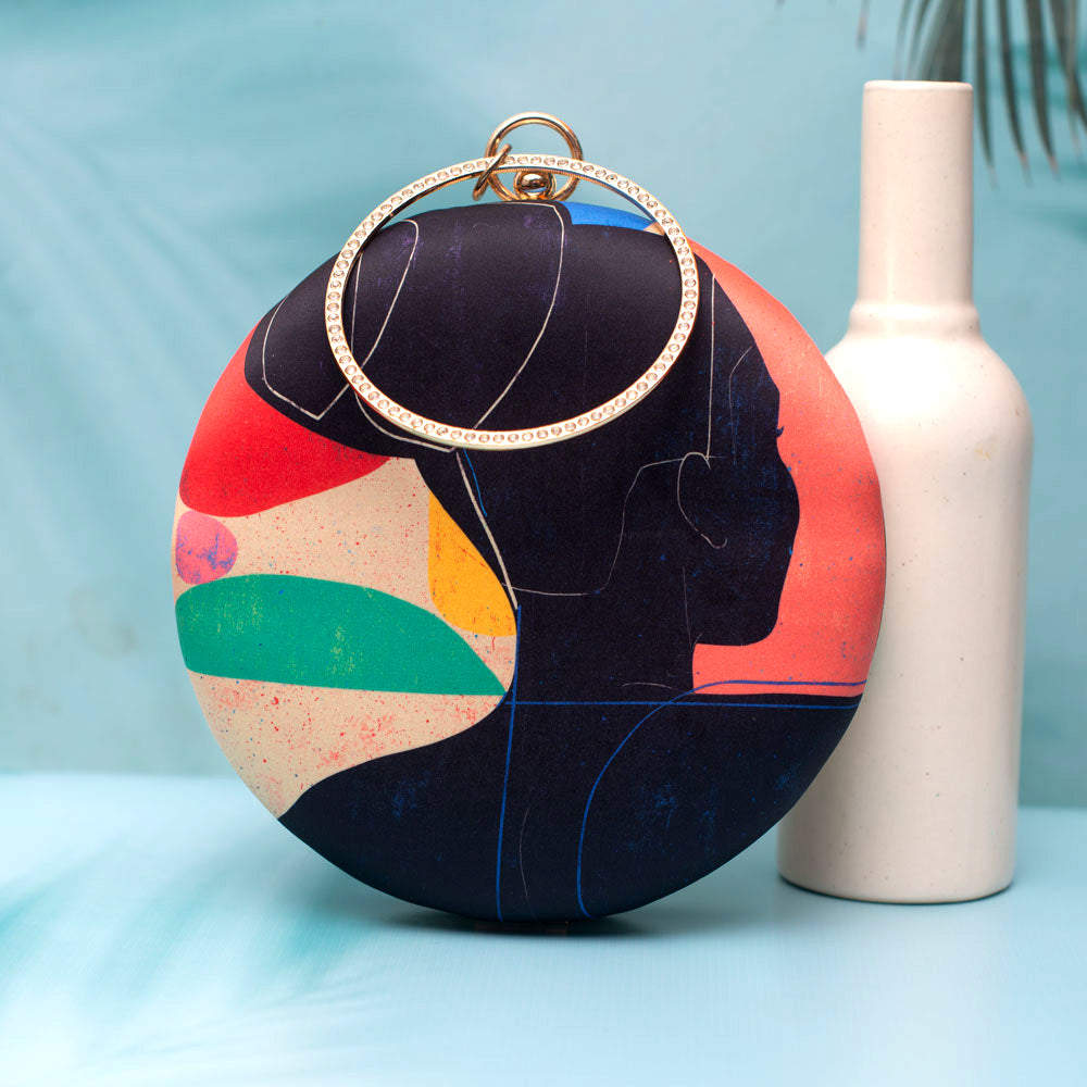 Black Abstract Women Round Clutch