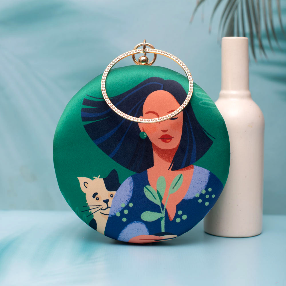 Women Kitty Printed Round Clutch