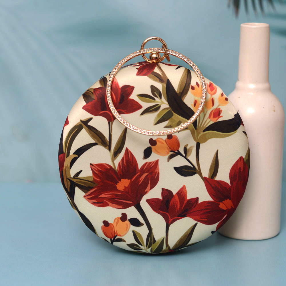 Red Floral Printed Round Clutch