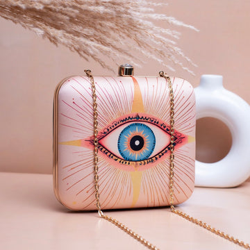 Artklim Beige Based Evil Eye Printed Clutch