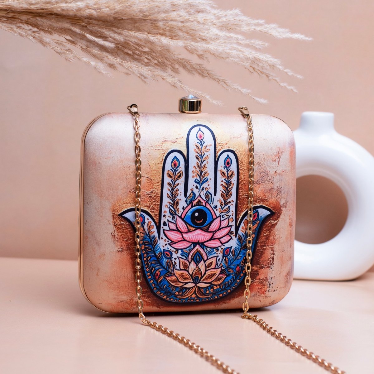 Artklim Beige Based Hamsa Hand Printed Clutch