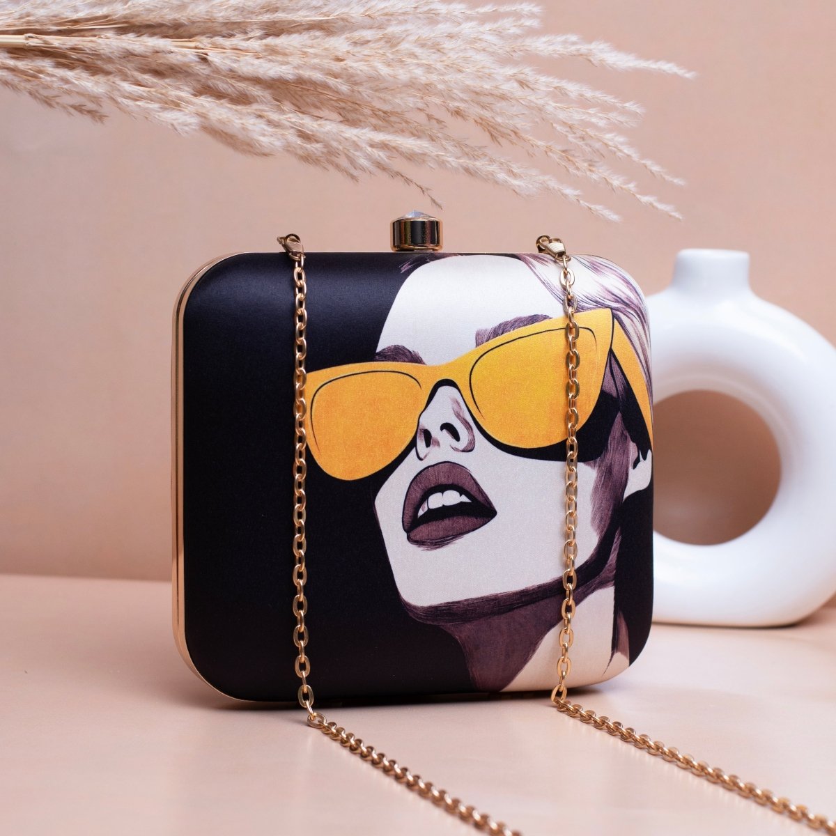 Artklim Black Based Women Portrait Printed Clutch
