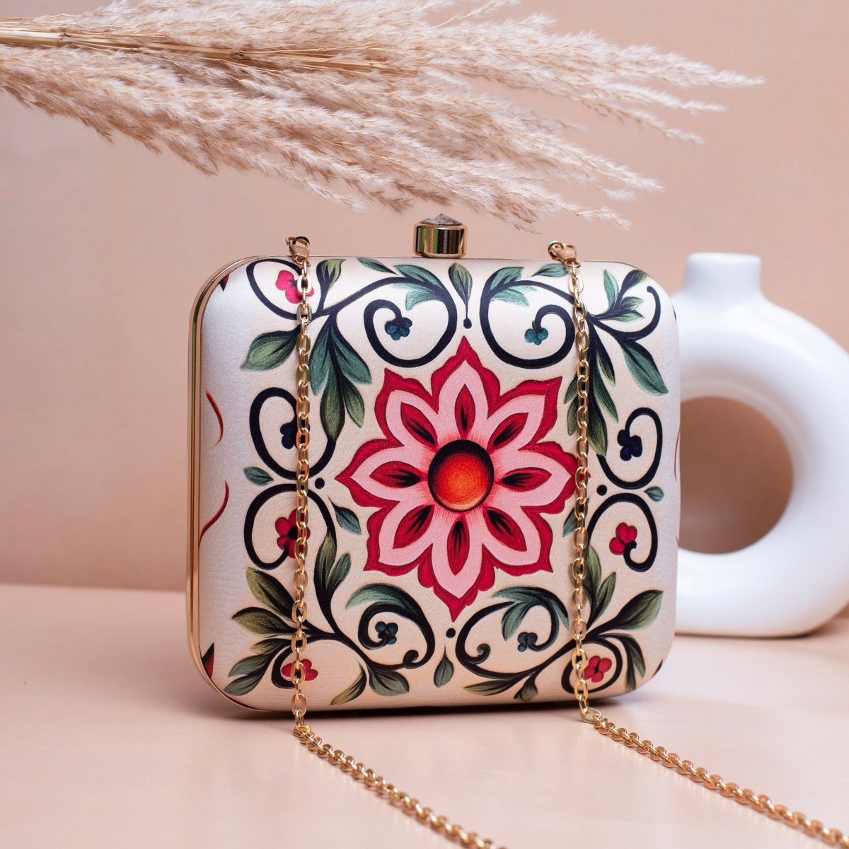 Artklim Beige Based Pink Floral Printed Clutch