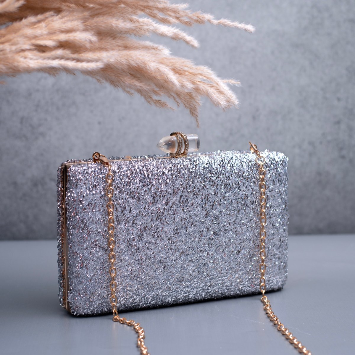 Silver Glittering Fabric Party Clutch