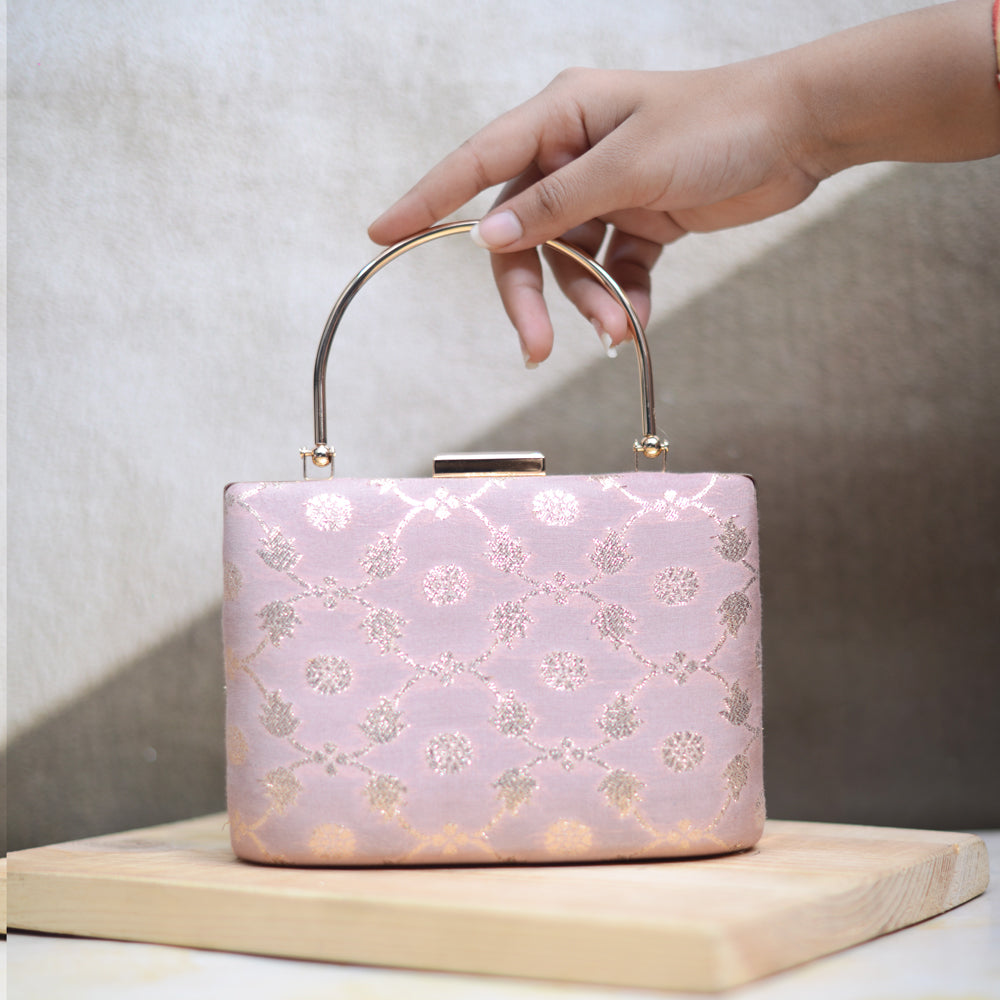 Artklim Baby Pink And Silver Brocade Party Clutch