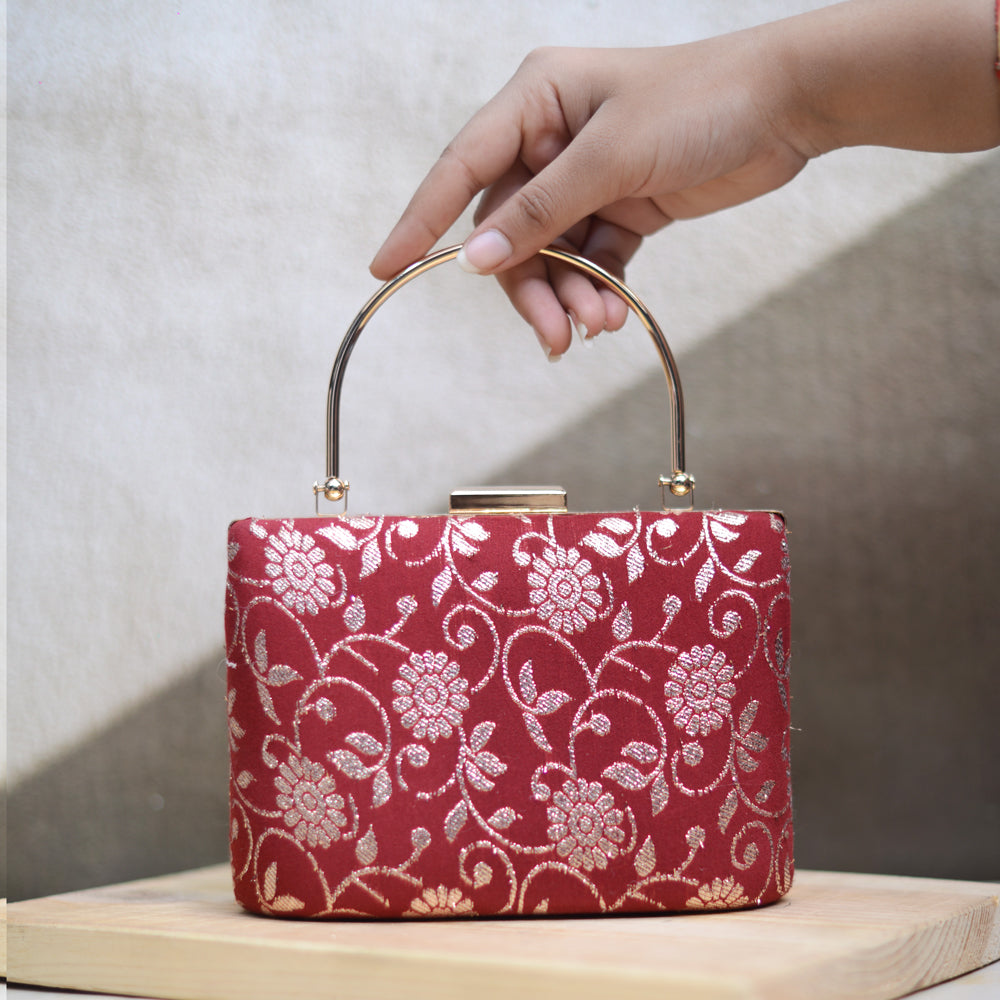 Artklim Red Floral Patter Brocade Party Clutch