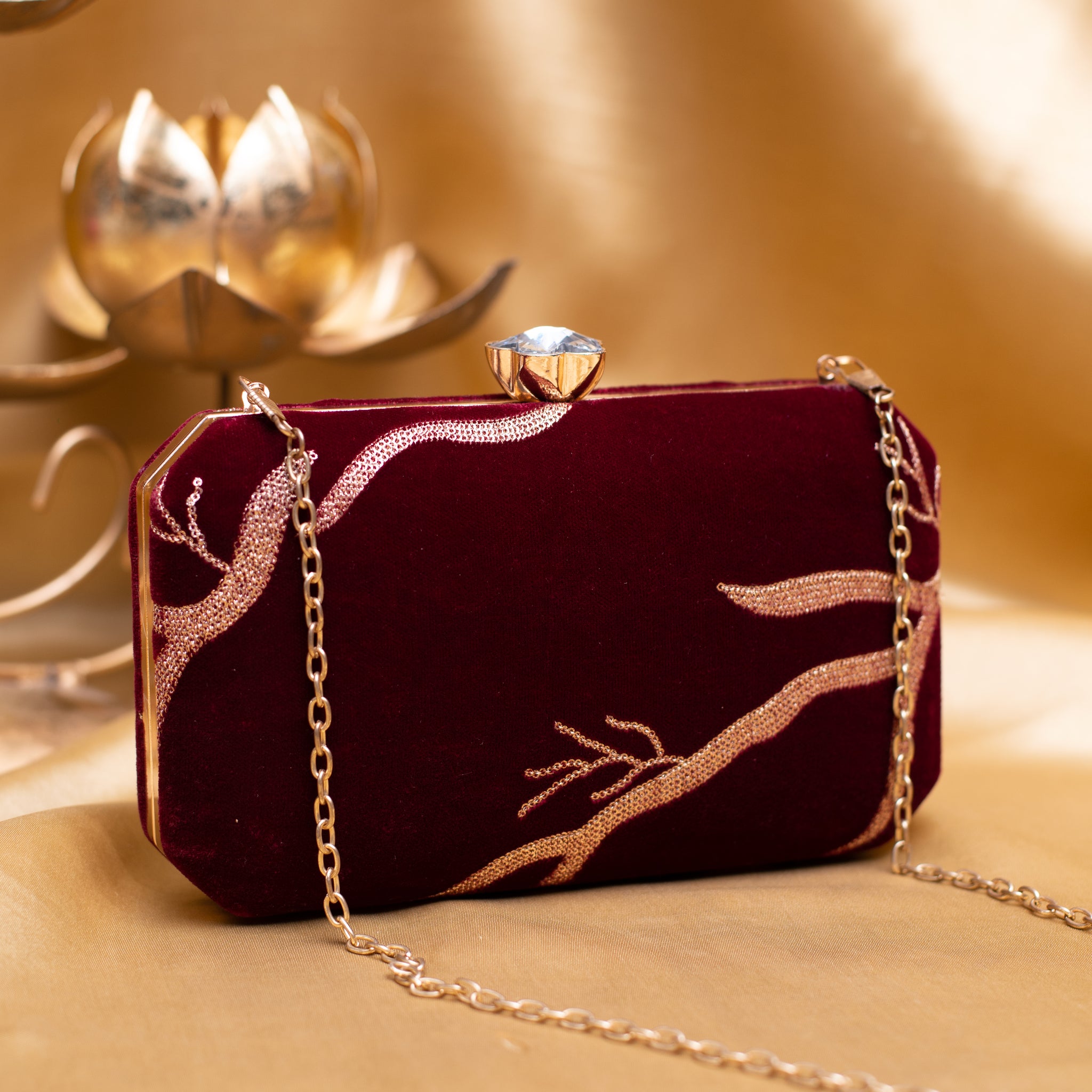 Maroon And Golden Embroidery Party Clutch