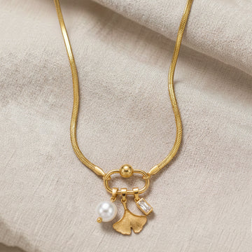 Artklim Gold Plated Minimal Leaf & Pearl Pendant Necklace