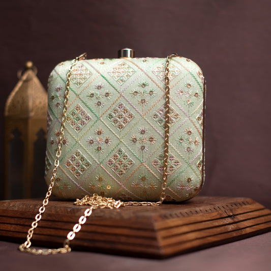 Artklim Pastel Green Embroidery Party Clutch