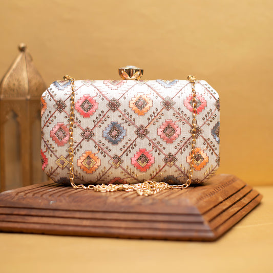 White Sequins Rectangle Embroidery Clutch