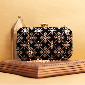 Black Sequins Rectangle Embroidery Clutch